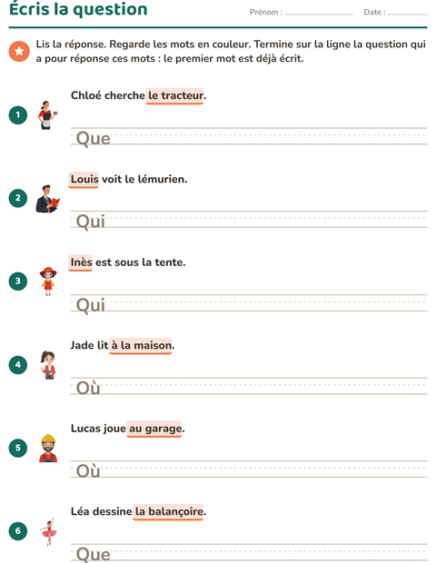 Aperçu de la fiche Les mots interrogatifs pour CE1 (cours élémentaire 1)