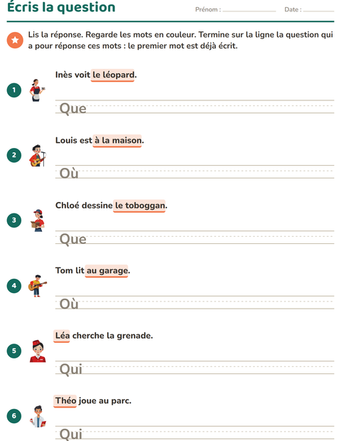 Aperçu de la fiche Les mots interrogatifs pour CE1 (cours élémentaire 1)
