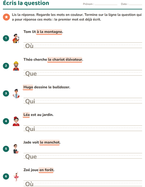 Aperçu de la fiche Les mots interrogatifs pour CE1 (cours élémentaire 1)