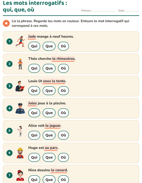Aperçu de la fiche Les mots interrogatifs pour CP (cours préparatoire)