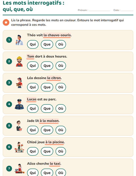 Aperçu de la fiche Les mots interrogatifs pour CP (cours préparatoire)