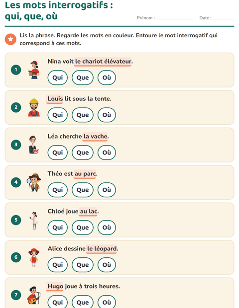 Les mots interrogatifs : qui, que, où