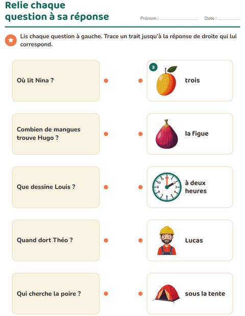 Aperçu : Relie chaque question à sa réponse