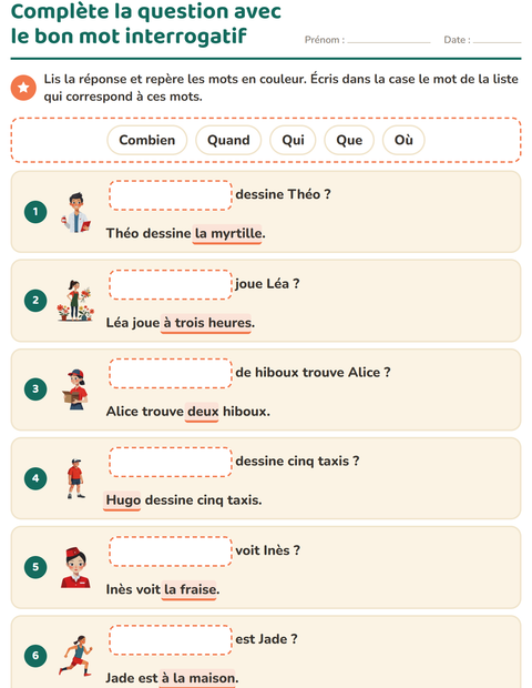 Aperçu de la fiche Les mots interrogatifs pour CP (cours préparatoire)