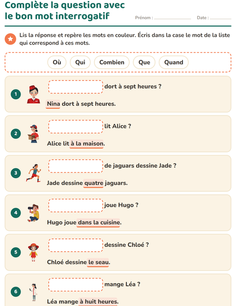 Aperçu de la fiche Les mots interrogatifs pour CP (cours préparatoire)