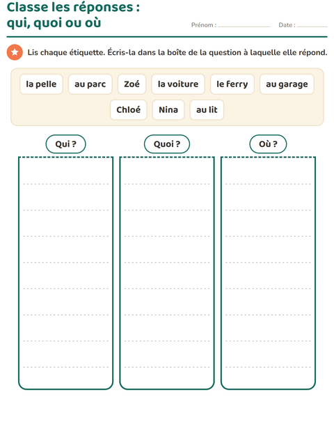 Aperçu de la fiche Les mots interrogatifs pour CP (cours préparatoire)
