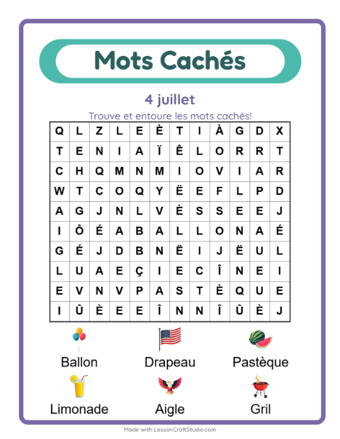Aperçu de la fiche Mots Mêlés avec 4 juillet pour CP (cours préparatoire)