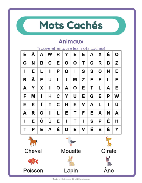 Aperçu de la fiche Mots Mêlés avec Animaux pour CP (cours préparatoire)