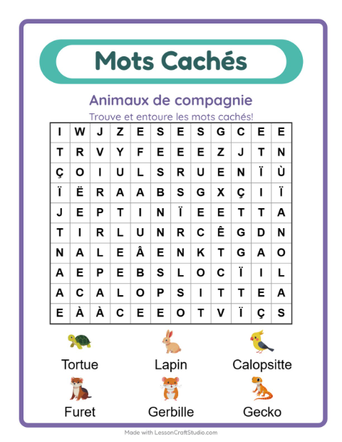 Aperçu de la fiche Mots Mêlés avec Animaux de compagnie pour CP (cours préparatoire)