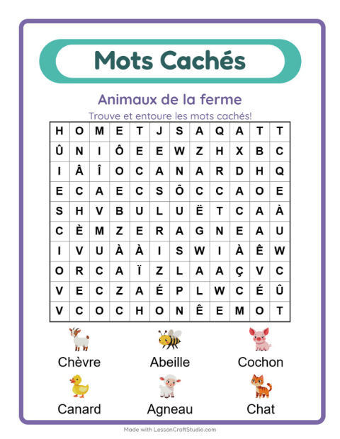 Aperçu de la fiche Mots Mêlés avec Animaux de la ferme pour CP (cours préparatoire)