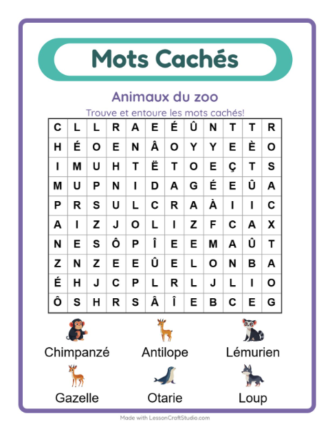 Aperçu de la fiche Mots Mêlés avec Animaux du zoo pour CP (cours préparatoire)