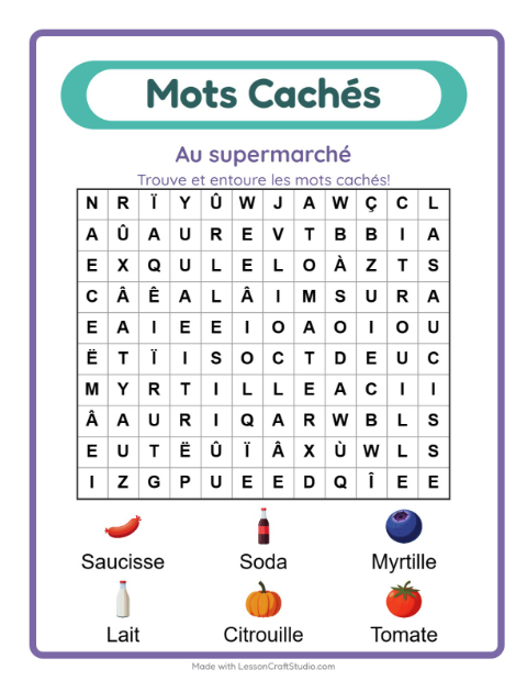 Aperçu de la fiche Mots Mêlés avec Au supermarché pour CP (cours préparatoire)