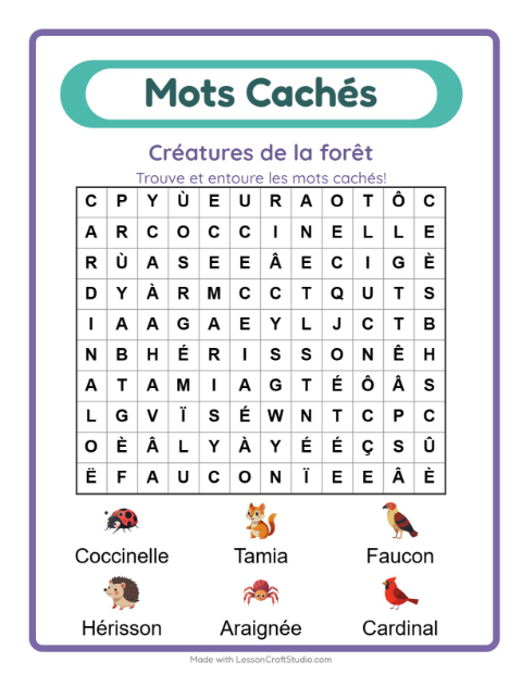 Aperçu de la fiche Mots Mêlés avec Créatures de la forêt pour CP (cours préparatoire)