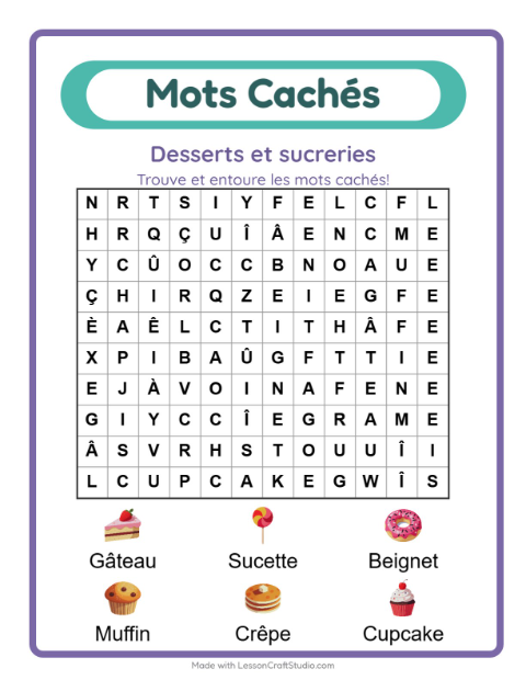 Aperçu de la fiche Mots Mêlés avec Desserts et sucreries pour CP (cours préparatoire)