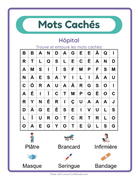 Aperçu de la fiche Mots Mêlés avec Hôpital pour CP (cours préparatoire)