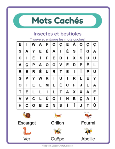 Aperçu de la fiche Mots Mêlés avec Insectes et bestioles pour CP (cours préparatoire)