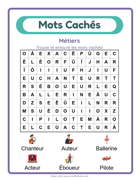 Aperçu de la fiche Mots Mêlés avec Métiers pour CP (cours préparatoire)