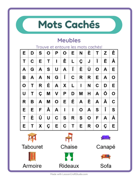 Aperçu de la fiche Mots Mêlés avec Meubles pour CP (cours préparatoire)