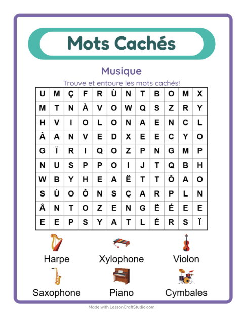 Aperçu de la fiche Mots Mêlés avec Musique pour CP (cours préparatoire)