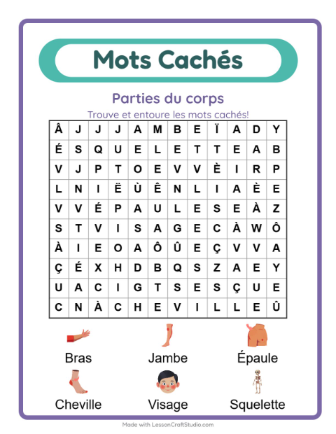 Aperçu de la fiche Mots Mêlés avec Parties du corps pour CP (cours préparatoire)