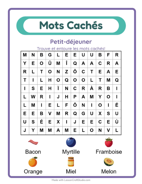 Aperçu de la fiche Mots Mêlés avec Petit-déjeuner pour CP (cours préparatoire)