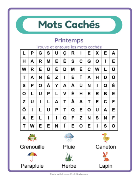 Aperçu de la fiche Mots Mêlés avec Printemps pour CP (cours préparatoire)
