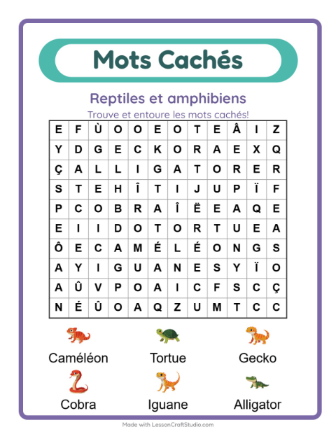 Aperçu de la fiche Mots Mêlés avec Reptiles et amphibiens pour CP (cours préparatoire)