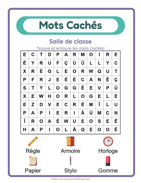 Aperçu de la fiche Mots Mêlés avec Salle de classe pour CP (cours préparatoire)