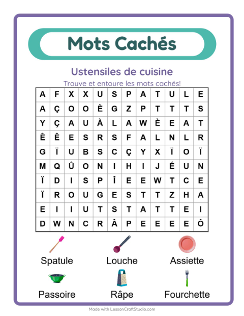 Aperçu de la fiche Mots Mêlés avec Ustensiles de cuisine pour CP (cours préparatoire)