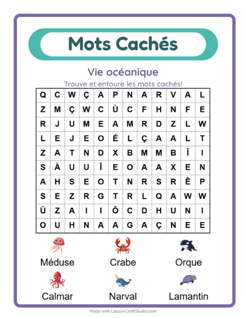 Aperçu de la fiche Mots Mêlés avec Vie océanique pour CP (cours préparatoire)