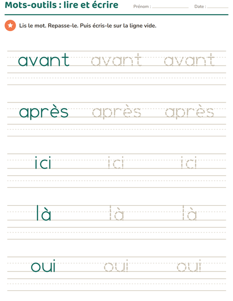 Aperçu de la fiche Mots-outils pour École maternelle (grande section, 5-7 ans)