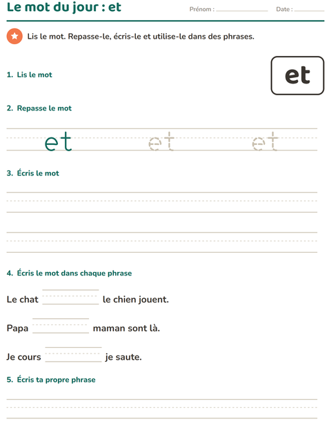 Aperçu de la fiche Mots-outils pour École maternelle (grande section, 5-7 ans)