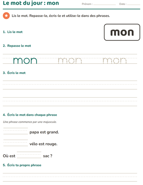 Aperçu de la fiche Mots-outils pour École maternelle (grande section, 5-7 ans)