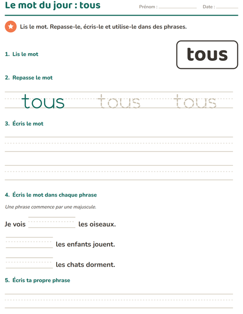 Aperçu de la fiche Mots-outils pour École maternelle (grande section, 5-7 ans)