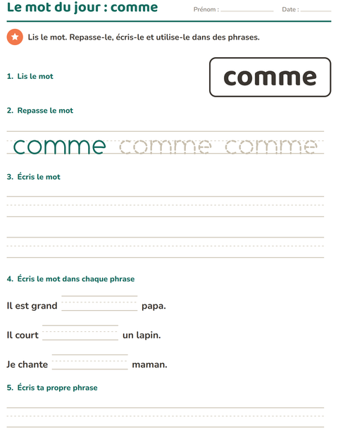 Aperçu de la fiche Mots-outils pour École maternelle (grande section, 5-7 ans)