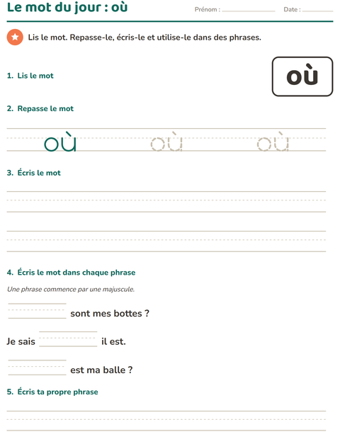 Aperçu de la fiche Mots-outils pour École maternelle (grande section, 5-7 ans)