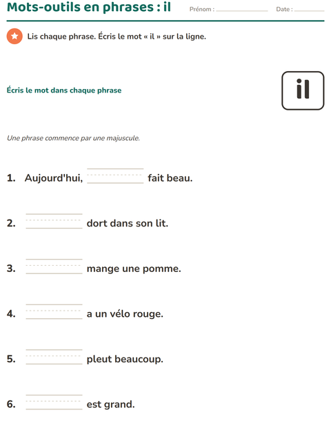 Aperçu de la fiche Mots-outils pour École maternelle (grande section, 5-7 ans)