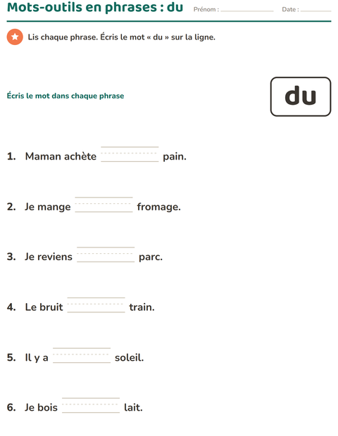 Aperçu de la fiche Mots-outils pour École maternelle (grande section, 5-7 ans)