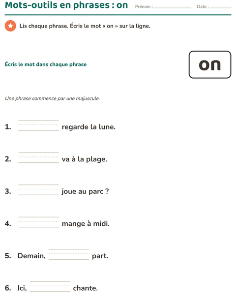 Aperçu de la fiche Mots-outils pour École maternelle (grande section, 5-7 ans)