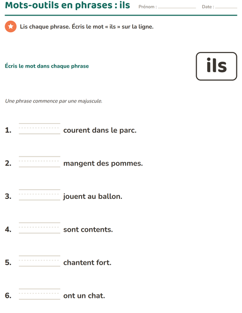 Aperçu de la fiche Mots-outils pour École maternelle (grande section, 5-7 ans)