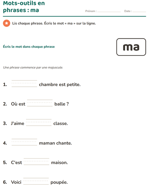Aperçu de la fiche Mots-outils pour École maternelle (grande section, 5-7 ans)