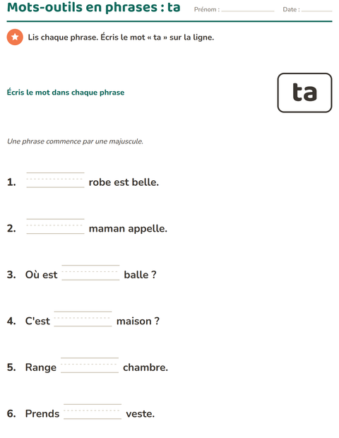 Aperçu de la fiche Mots-outils pour École maternelle (grande section, 5-7 ans)
