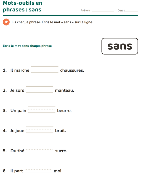 Aperçu de la fiche Mots-outils pour École maternelle (grande section, 5-7 ans)