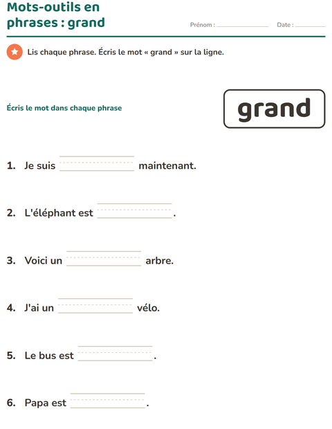 Aperçu de la fiche Mots-outils pour École maternelle (grande section, 5-7 ans)