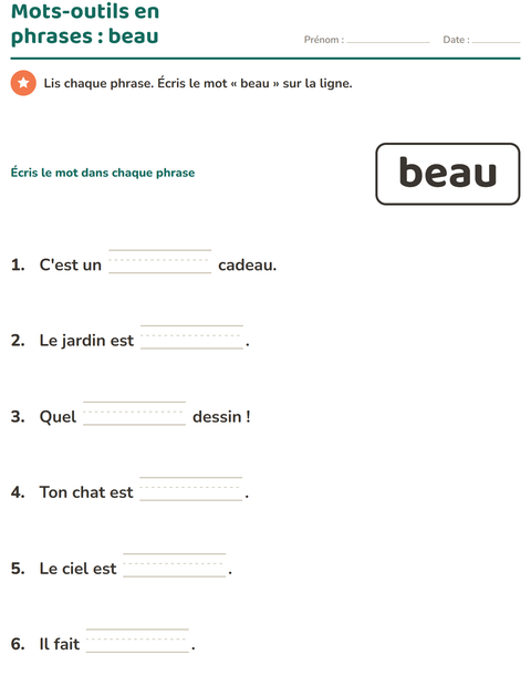Aperçu de la fiche Mots-outils pour École maternelle (grande section, 5-7 ans)