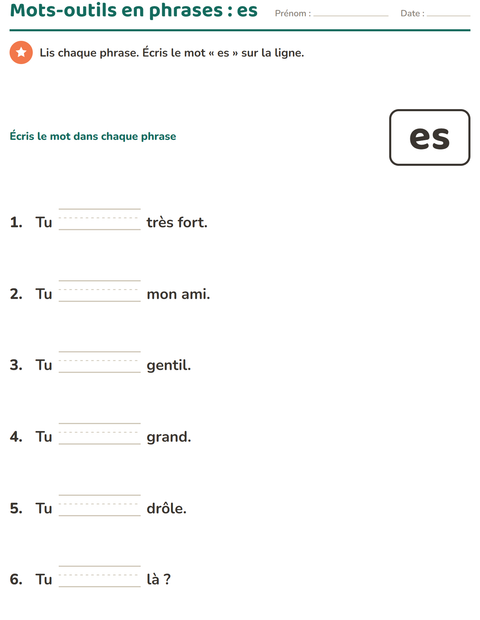 Aperçu de la fiche Mots-outils pour École maternelle (grande section, 5-7 ans)