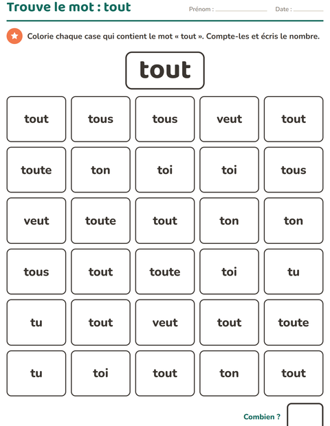 Aperçu de la fiche Mots-outils pour École maternelle (grande section, 5-7 ans)