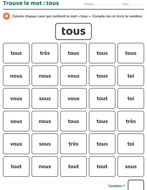 Aperçu de la fiche Mots-outils pour École maternelle (grande section, 5-7 ans)
