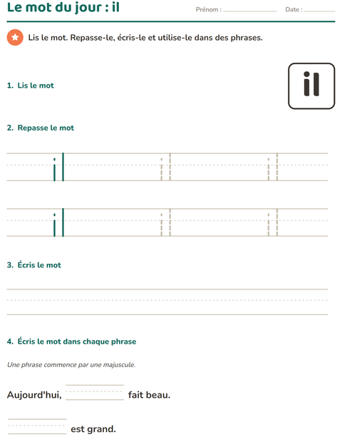 Aperçu de la fiche Mots-outils pour École maternelle (grande section, 5-7 ans)