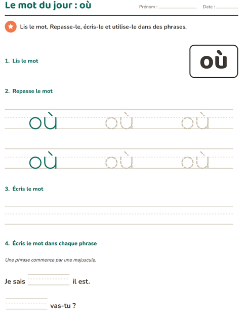 Aperçu de la fiche Mots-outils pour École maternelle (grande section, 5-7 ans)